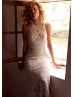 Jewel Neck Ivory Lace Keyhole Back Wedding Dress